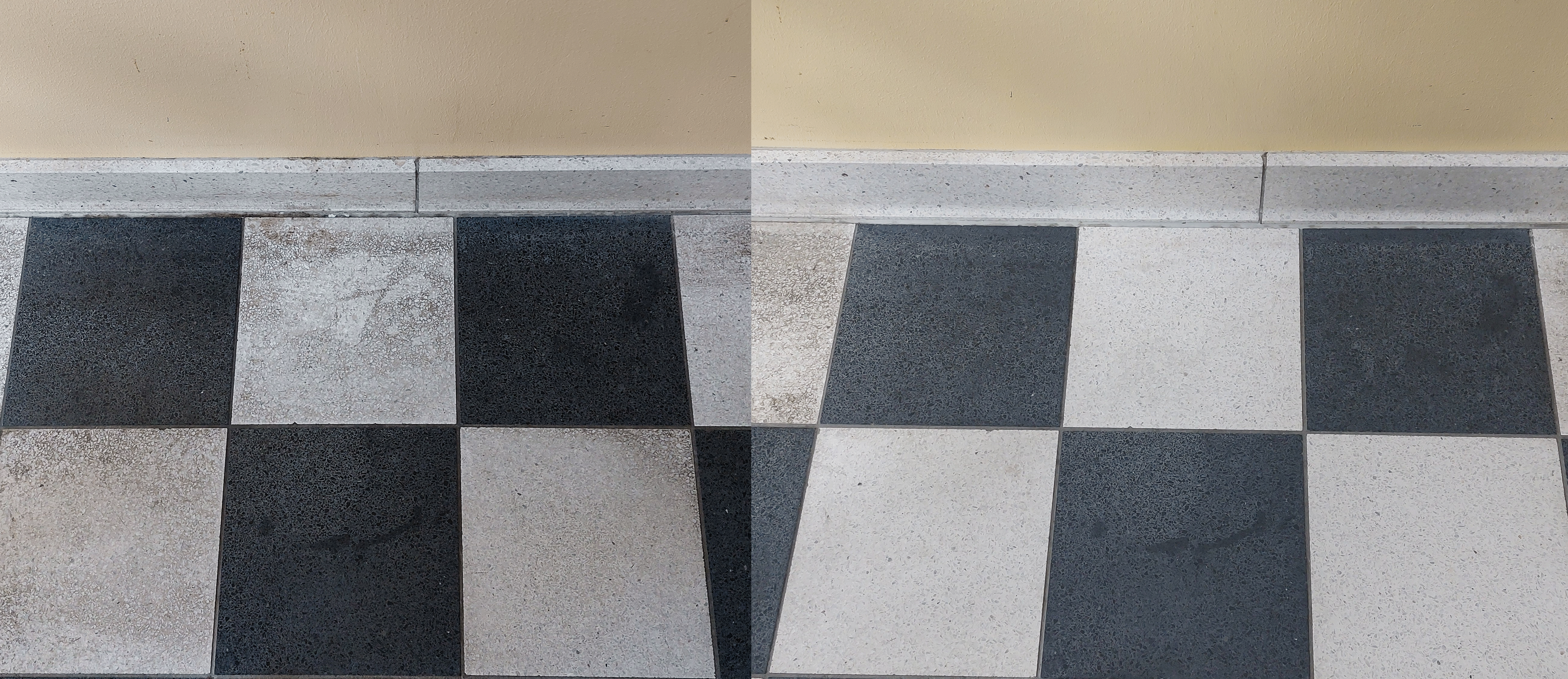 Før og efterbillede af en opskurring af fliser